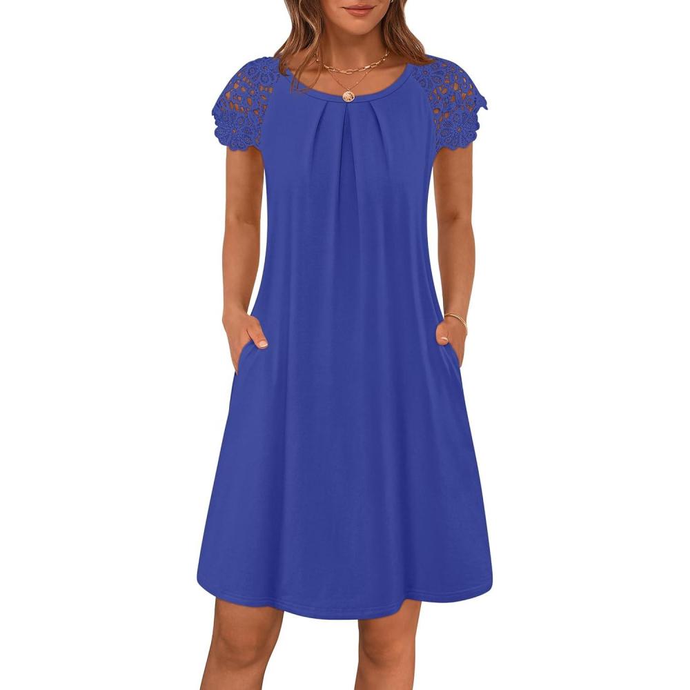 imageMEROKEETY Womens Casual Summer T Shirt Dress Beach Vacation Lace Sleeveless Flowy Pleated Mini SundressRoyal