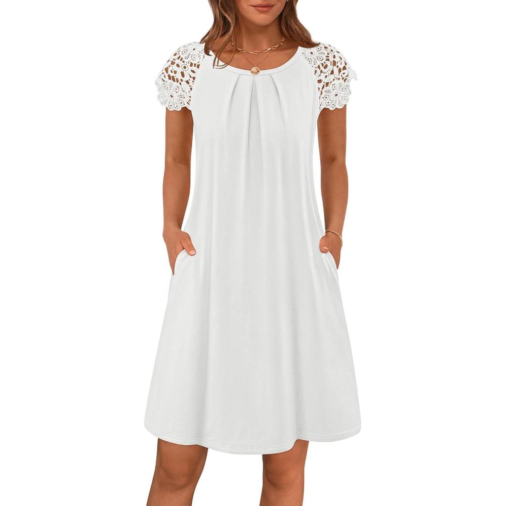 imageMEROKEETY Womens Casual Summer T Shirt Dress Beach Vacation Lace Sleeveless Flowy Pleated Mini SundressWhite