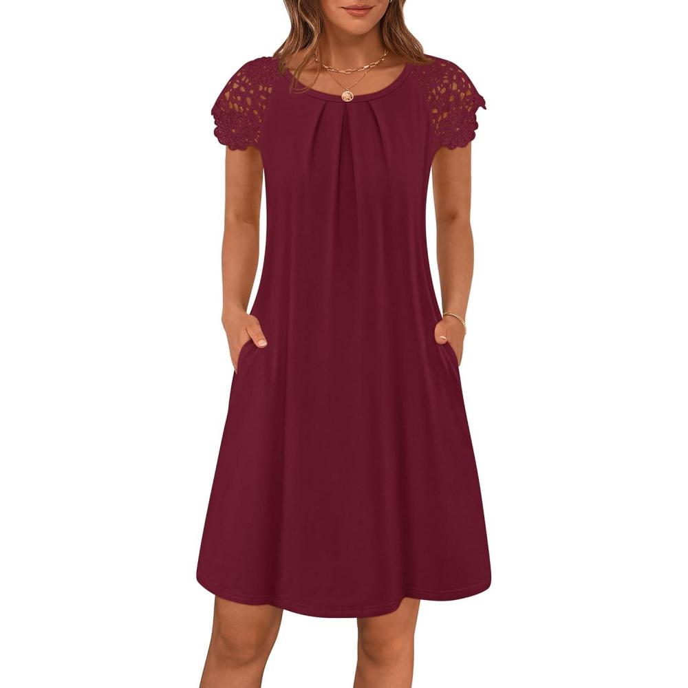 imageMEROKEETY Womens Casual Summer T Shirt Dress Beach Vacation Lace Sleeveless Flowy Pleated Mini SundressWine