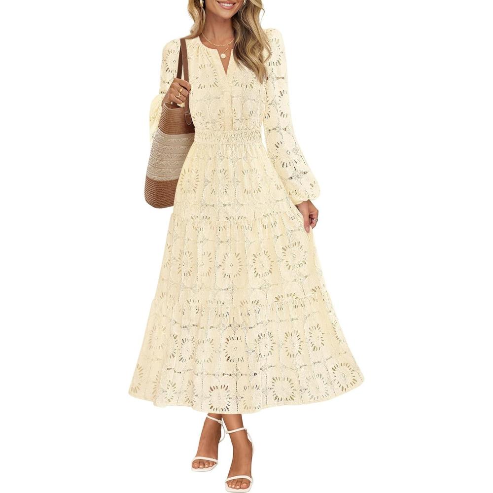 imageMEROKEETY Womens Fall Long Sleeve Floral Maxi Dress Lace Eyelet Hollow Out Tiered Boho Wedding Guest Dresses PocketsApricot