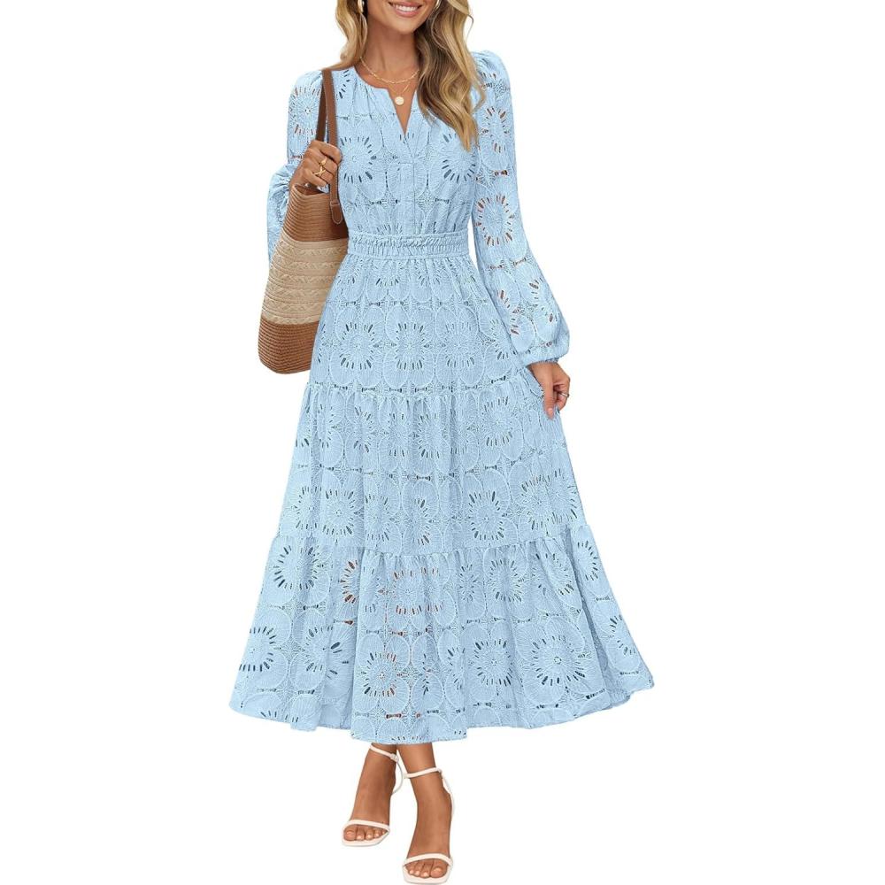 imageMEROKEETY Womens Fall Long Sleeve Floral Maxi Dress Lace Eyelet Hollow Out Tiered Boho Wedding Guest Dresses PocketsBlue