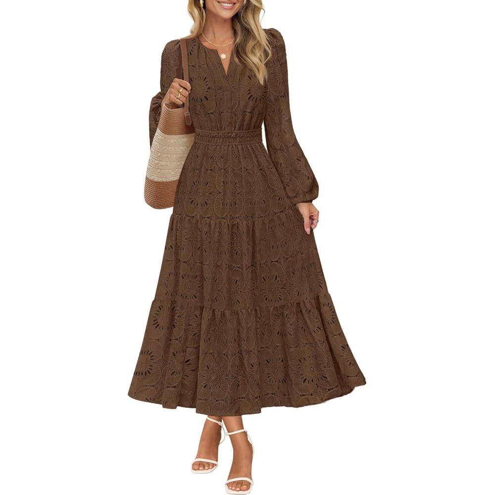 imageMEROKEETY Womens Fall Long Sleeve Floral Maxi Dress Lace Eyelet Hollow Out Tiered Boho Wedding Guest Dresses PocketsCoffee