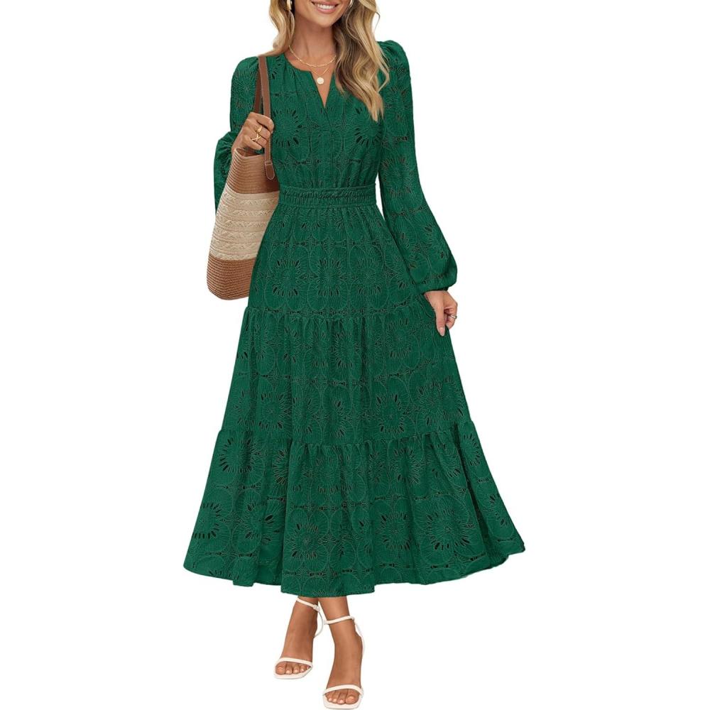 imageMEROKEETY Womens Fall Long Sleeve Floral Maxi Dress Lace Eyelet Hollow Out Tiered Boho Wedding Guest Dresses PocketsDark Green