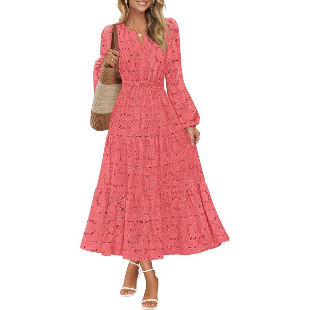imageMEROKEETY Womens Fall Long Sleeve Floral Maxi Dress Lace Eyelet Hollow Out Tiered Boho Wedding Guest Dresses PocketsWatermelon