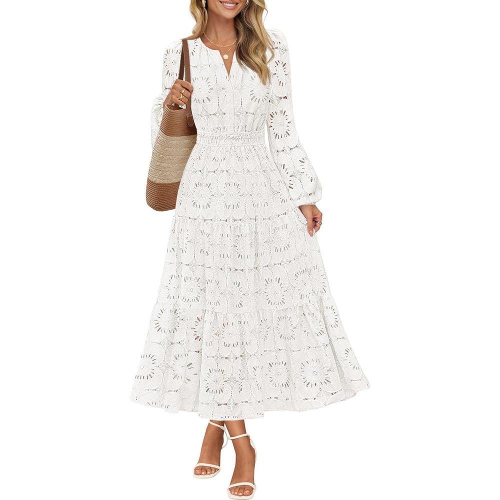 imageMEROKEETY Womens Fall Long Sleeve Floral Maxi Dress Lace Eyelet Hollow Out Tiered Boho Wedding Guest Dresses PocketsWhite