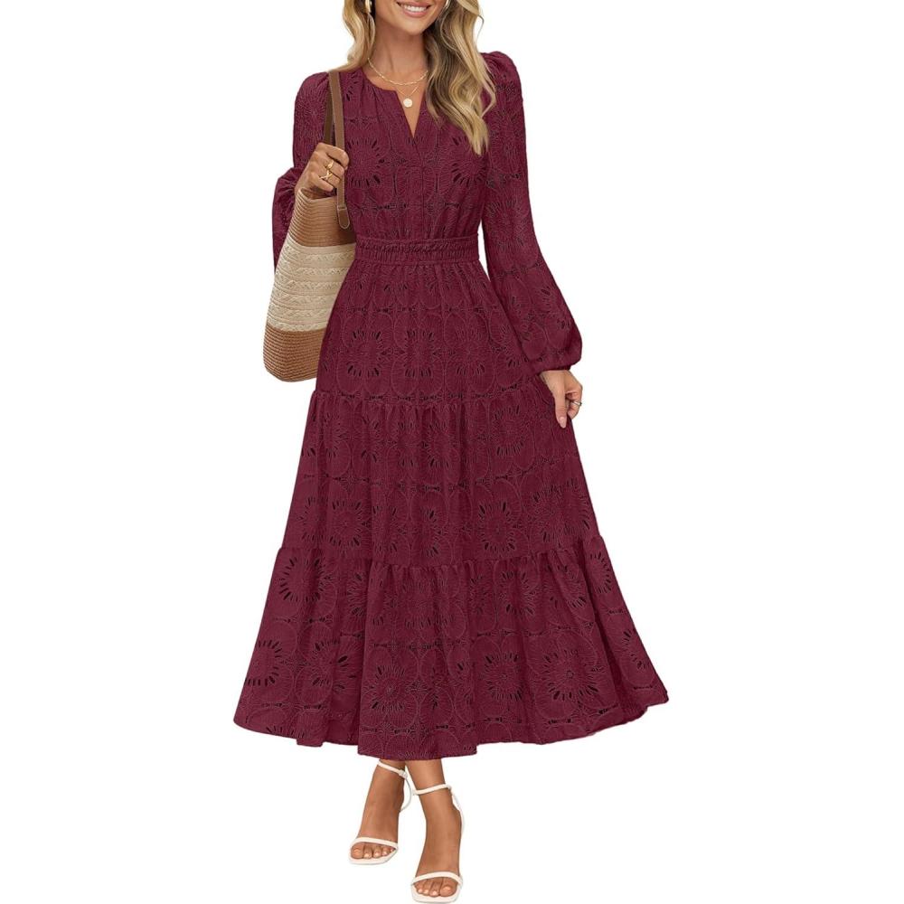 imageMEROKEETY Womens Fall Long Sleeve Floral Maxi Dress Lace Eyelet Hollow Out Tiered Boho Wedding Guest Dresses PocketsWine