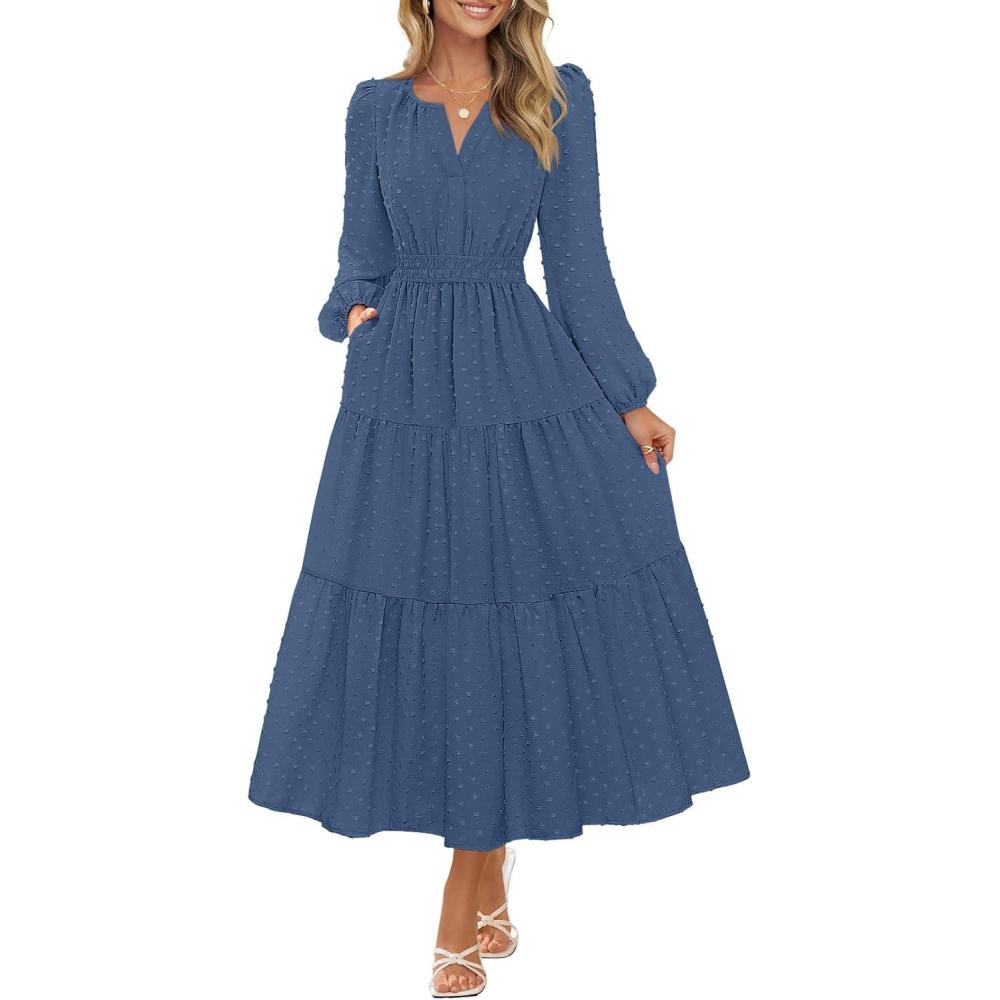 imageMEROKEETY Womens Fall Long Sleeve Maxi Dress 2026 Boho Ruffle Tiered Swiss Dots Wedding Guest Cocktail Long DressesDark Blue
