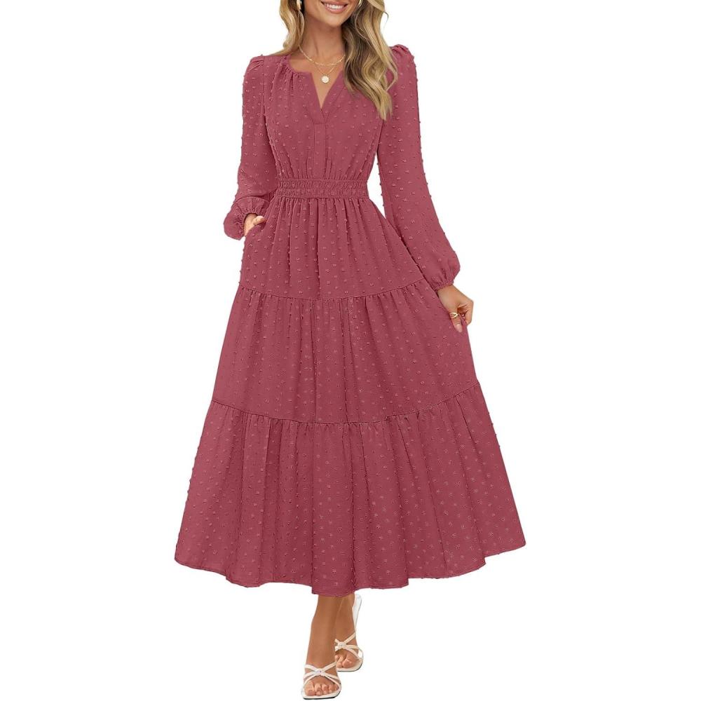 imageMEROKEETY Womens Fall Long Sleeve Maxi Dress 2026 Boho Ruffle Tiered Swiss Dots Wedding Guest Cocktail Long DressesMaroon