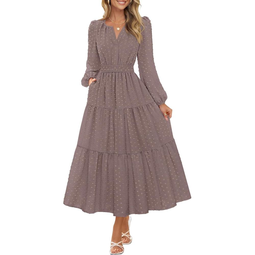 imageMEROKEETY Womens Fall Long Sleeve Maxi Dress 2026 Boho Ruffle Tiered Swiss Dots Wedding Guest Cocktail Long DressesMocha