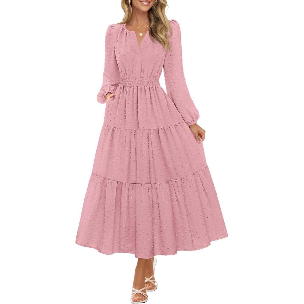 imageMEROKEETY Womens Fall Long Sleeve Maxi Dress 2026 Boho Ruffle Tiered Swiss Dots Wedding Guest Cocktail Long DressesPink