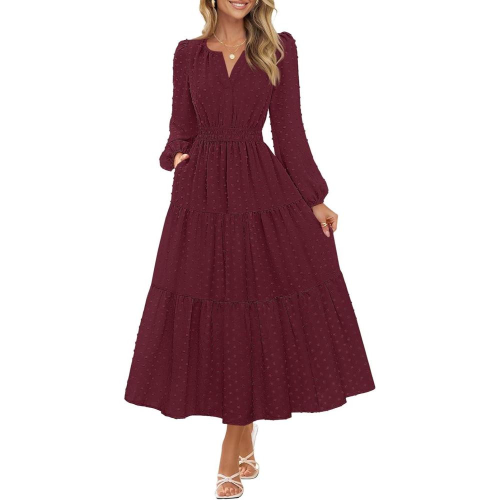 imageMEROKEETY Womens Fall Long Sleeve Maxi Dress 2026 Boho Ruffle Tiered Swiss Dots Wedding Guest Cocktail Long DressesWine