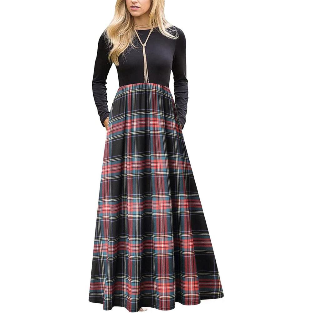 imageMEROKEETY Womens Long Sleeve Plaid Empire Waist Full Length Maxi Dress with PocketsBlack Green