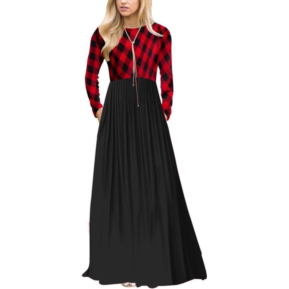 imageMEROKEETY Womens Long Sleeve Plaid Empire Waist Full Length Maxi Dress with PocketsF Red Plaid