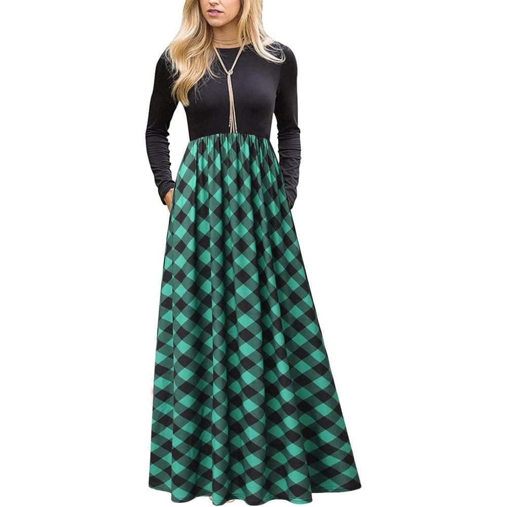 imageMEROKEETY Womens Long Sleeve Plaid Empire Waist Full Length Maxi Dress with PocketsGreen Plaid