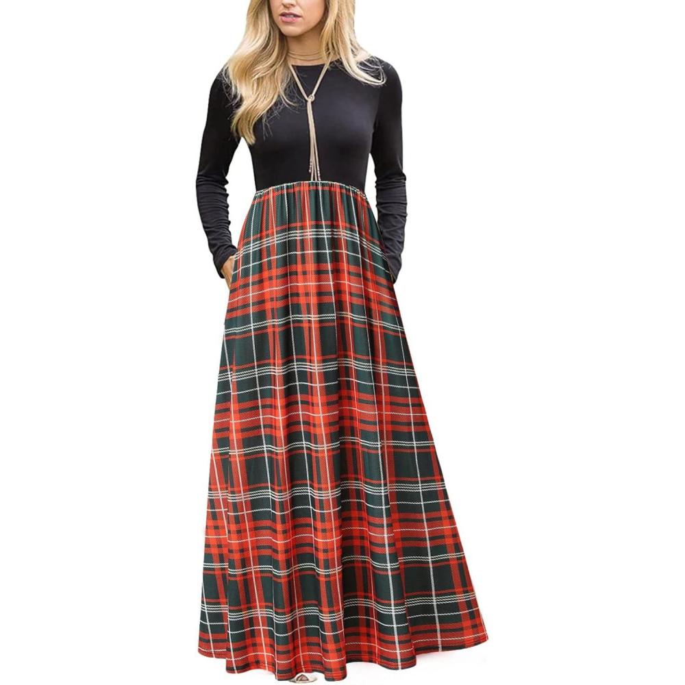 imageMEROKEETY Womens Long Sleeve Plaid Empire Waist Full Length Maxi Dress with PocketsRed Green