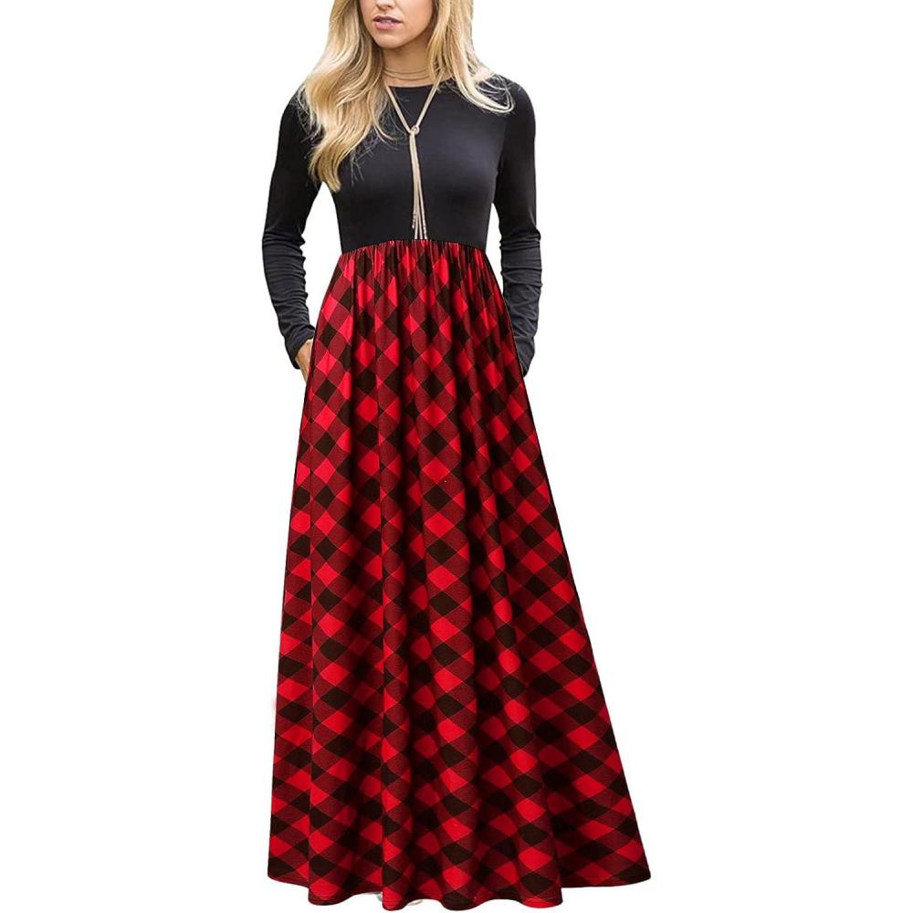 imageMEROKEETY Womens Long Sleeve Plaid Empire Waist Full Length Maxi Dress with PocketsRed Plaid