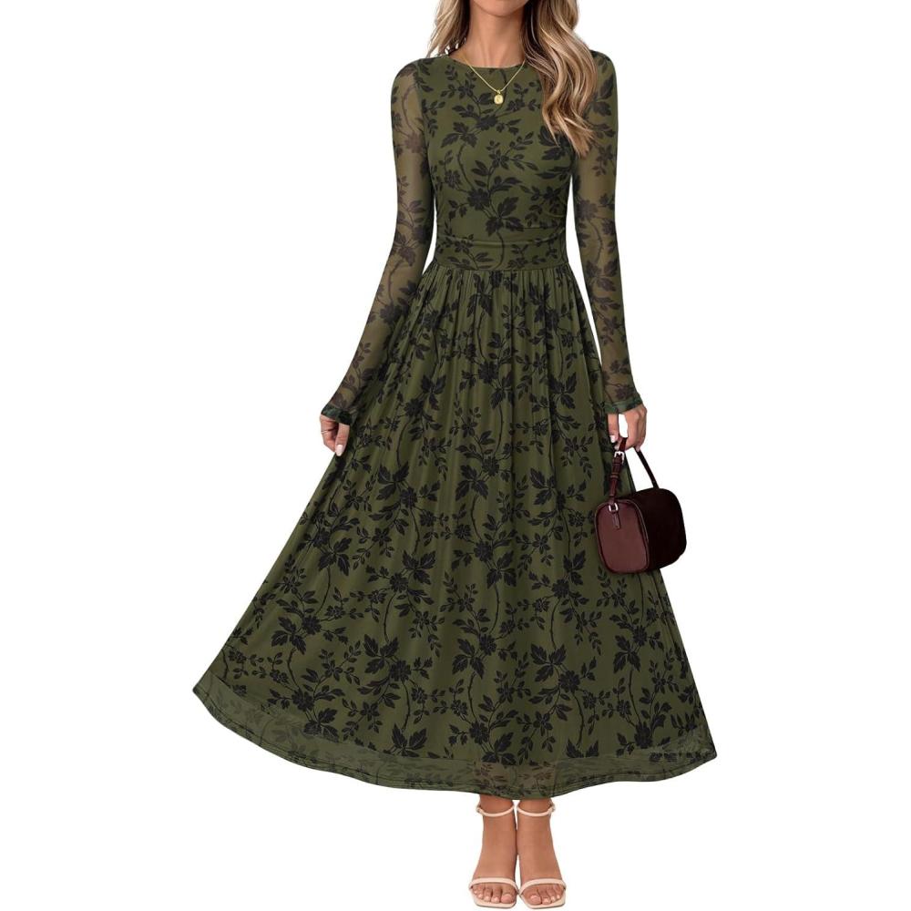 imageMEROKEETY Womens Long Sleeve Spring Wedding Guest Dress 2026 Crewneck Floral Flowy Mesh Cocktail Maxi DressesArmygreen
