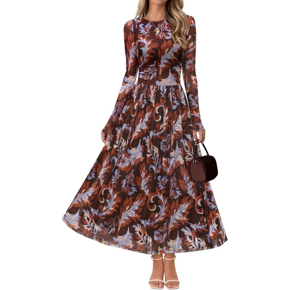 imageMEROKEETY Womens Long Sleeve Spring Wedding Guest Dress 2026 Crewneck Floral Flowy Mesh Cocktail Maxi DressesBrown