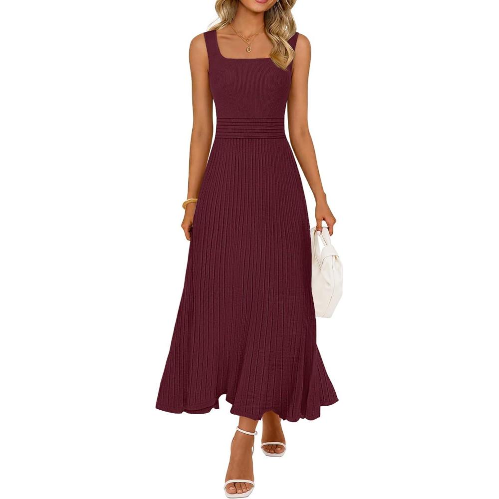 imageMEROKEETY Womens Spring Summer Casual Midi Dress 2026 Sleeveless Pleated A Line Knit Business Work Cocktail DressesWine