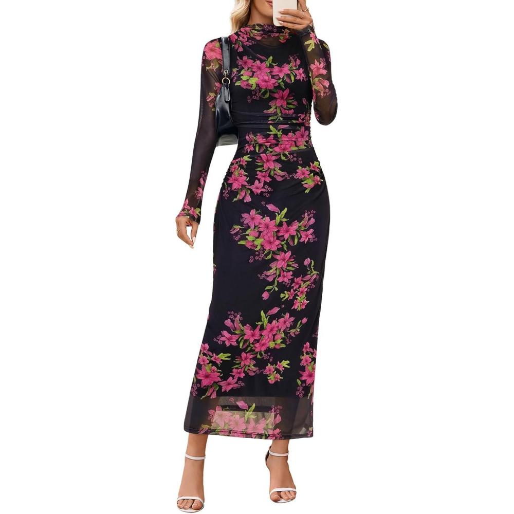 imageMEROKEETY Womens Spring Wedding Guest Dress 2026 Long Sleeve Bodycon Floral Mesh Fall Cocktail Holiday Party Maxi DressesBlack