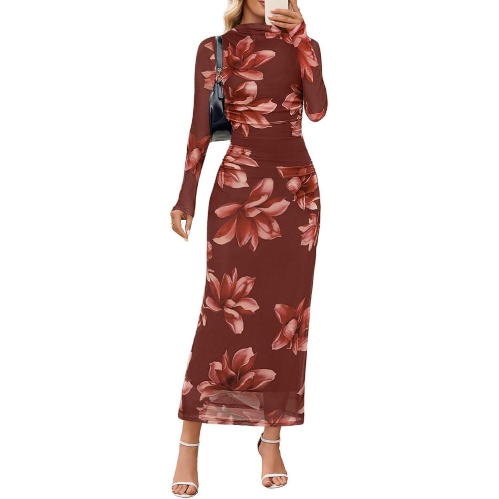 imageMEROKEETY Womens Spring Wedding Guest Dress 2026 Long Sleeve Bodycon Floral Mesh Fall Cocktail Holiday Party Maxi DressesBrownfloral
