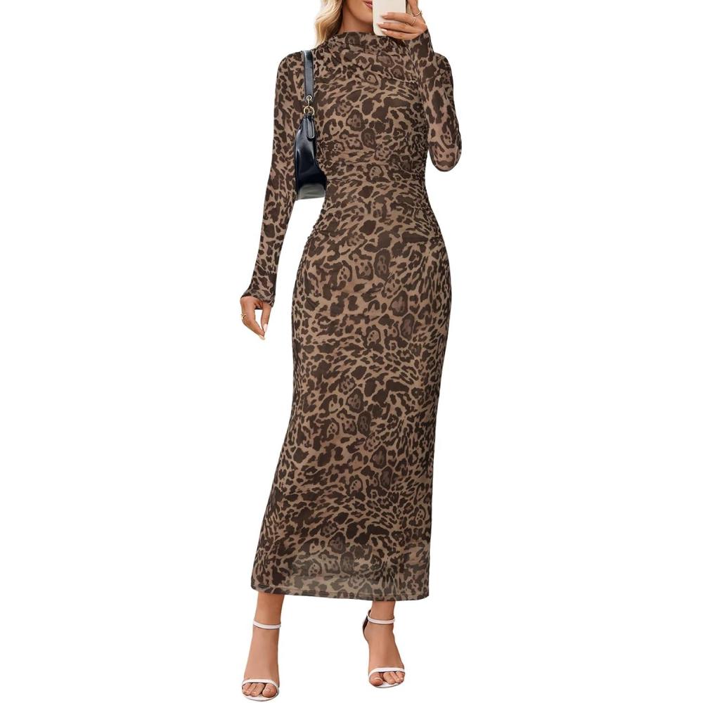 imageMEROKEETY Womens Spring Wedding Guest Dress 2026 Long Sleeve Bodycon Floral Mesh Fall Cocktail Holiday Party Maxi DressesLeopard