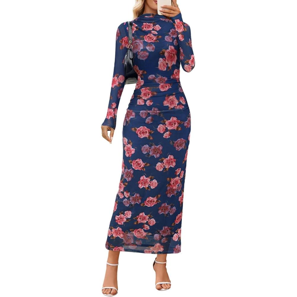 imageMEROKEETY Womens Spring Wedding Guest Dress 2026 Long Sleeve Bodycon Floral Mesh Fall Cocktail Holiday Party Maxi DressesNavypink