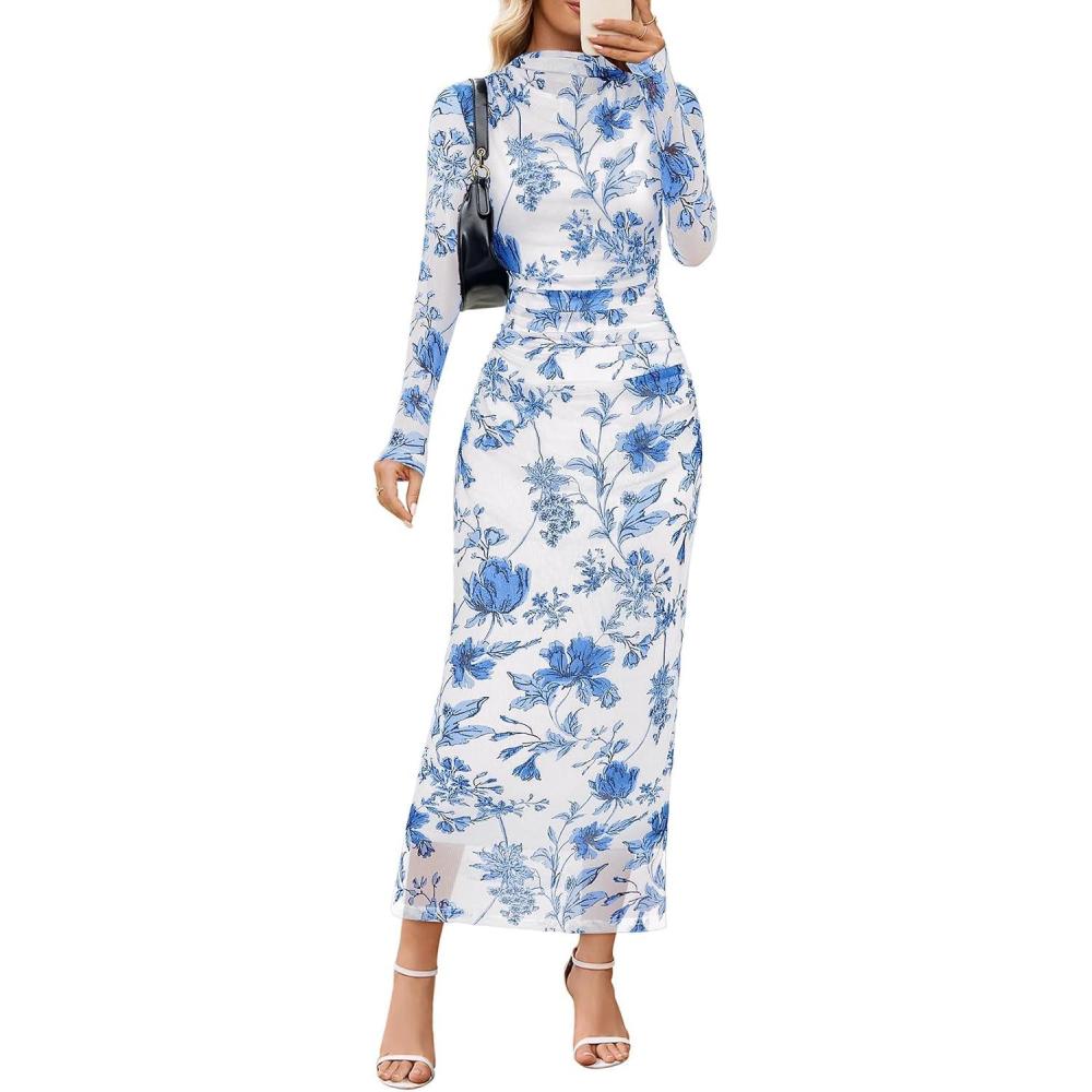 imageMEROKEETY Womens Spring Wedding Guest Dress 2026 Long Sleeve Bodycon Floral Mesh Fall Cocktail Holiday Party Maxi DressesWhite Blue