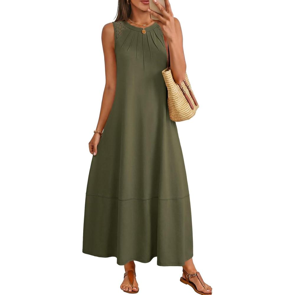 imageMEROKEETY Womens Summer Boho Maxi Dress 2026 Pleated Lace Hollow Out Beach Vacation Sundresses Sleeveless Tank DressArmy Green