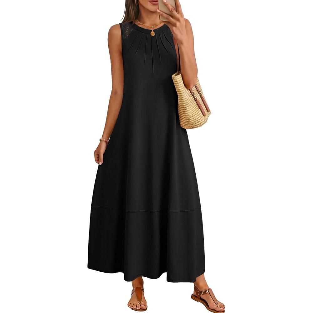 imageMEROKEETY Womens Summer Boho Maxi Dress 2026 Pleated Lace Hollow Out Beach Vacation Sundresses Sleeveless Tank DressBlack