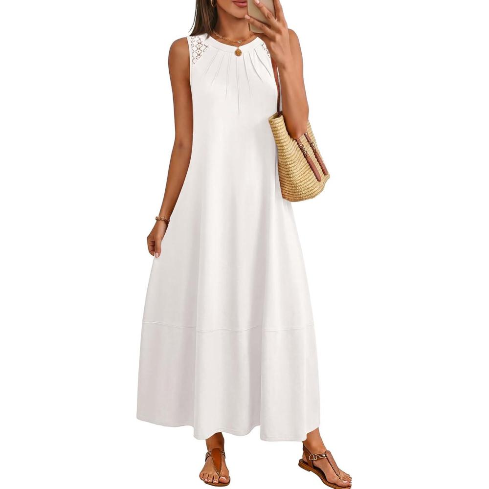 imageMEROKEETY Womens Summer Boho Maxi Dress 2026 Pleated Lace Hollow Out Beach Vacation Sundresses Sleeveless Tank DressWhite