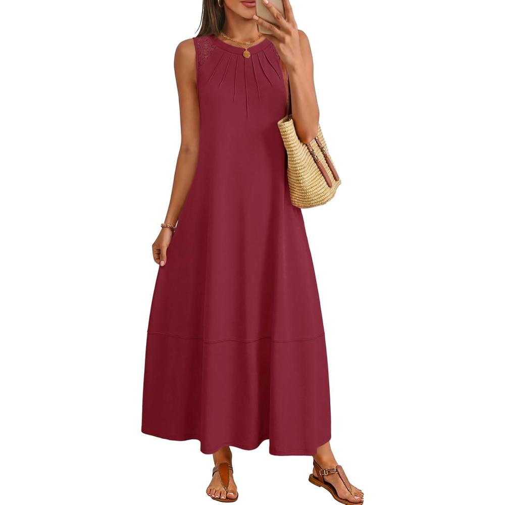 imageMEROKEETY Womens Summer Boho Maxi Dress 2026 Pleated Lace Hollow Out Beach Vacation Sundresses Sleeveless Tank DressWine