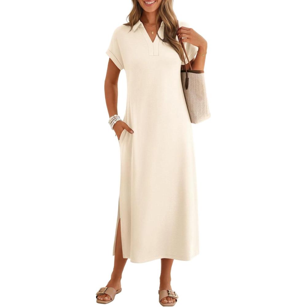 imageMEROKEETY Womens Summer Casual Maxi Dress 2026 Cap Sleeve V Neck Collared Beach Vacation T Shirt Long DressesBeige