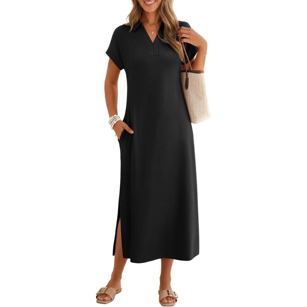 imageMEROKEETY Womens Summer Casual Maxi Dress 2026 Cap Sleeve V Neck Collared Beach Vacation T Shirt Long DressesBlack