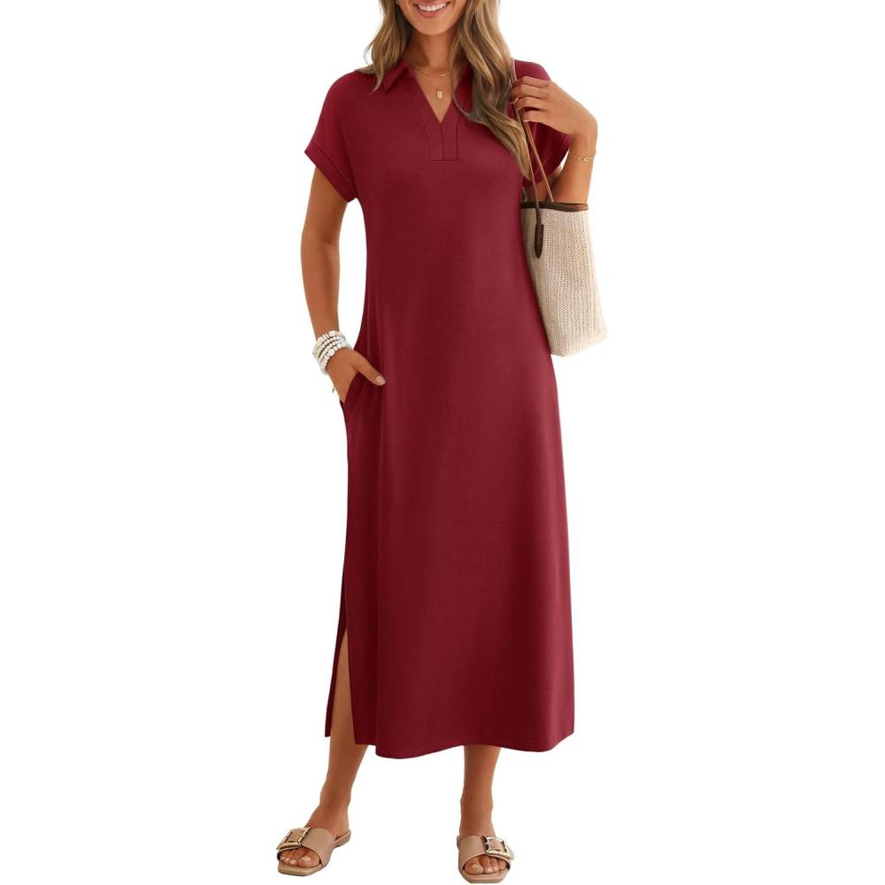 imageMEROKEETY Womens Summer Casual Maxi Dress 2026 Cap Sleeve V Neck Collared Beach Vacation T Shirt Long DressesWine