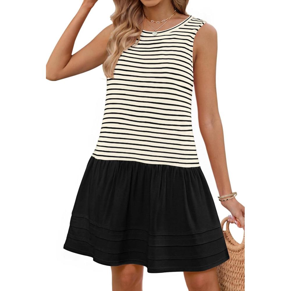 imageMEROKEETY Womens Summer Sleeveless Sundress Casual Striped Patchwork Mini Tank Dress with PocketsApricot