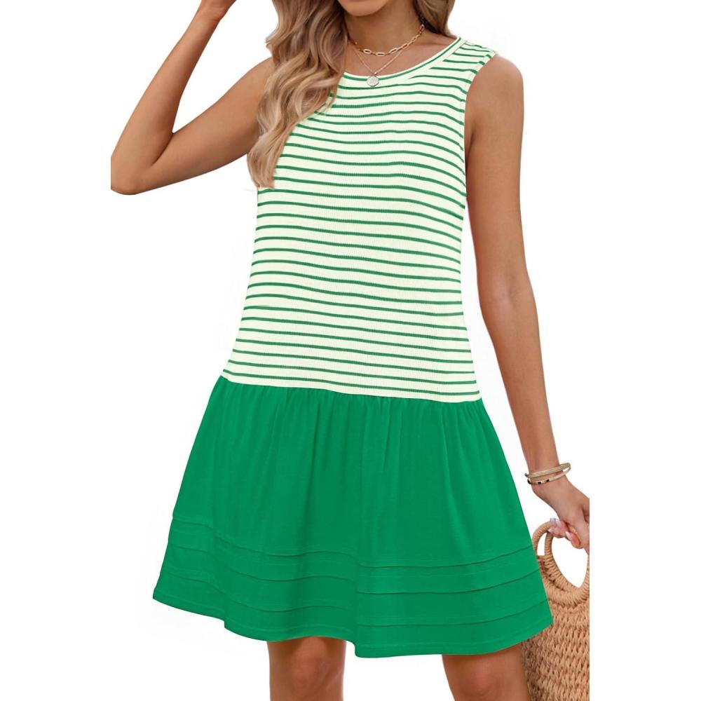 imageMEROKEETY Womens Summer Sleeveless Sundress Casual Striped Patchwork Mini Tank Dress with PocketsGreen
