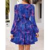 MEROKEETY Fall Wedding Guest Dresses for Women Long Sleeve Floral Casual Lightweight Flowy Swing Boho Dress Pockets(Royal Blue)