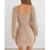 MEROKEETY Women Square Neck Lantern Long Sleeve Mesh Ruched Bodycon Clubwear Mini Dress(Apricot)