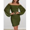 MEROKEETY Women Square Neck Lantern Long Sleeve Mesh Ruched Bodycon Clubwear Mini Dress(Armygreen)