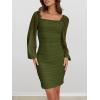 MEROKEETY Women Square Neck Lantern Long Sleeve Mesh Ruched Bodycon Clubwear Mini Dress(Armygreen)