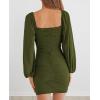 MEROKEETY Women Square Neck Lantern Long Sleeve Mesh Ruched Bodycon Clubwear Mini Dress(Armygreen)
