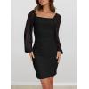 MEROKEETY Women Square Neck Lantern Long Sleeve Mesh Ruched Bodycon Clubwear Mini Dress(Black)