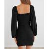 MEROKEETY Women Square Neck Lantern Long Sleeve Mesh Ruched Bodycon Clubwear Mini Dress(Black)