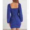 MEROKEETY Women Square Neck Lantern Long Sleeve Mesh Ruched Bodycon Clubwear Mini Dress(Blue)