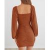 MEROKEETY Women Square Neck Lantern Long Sleeve Mesh Ruched Bodycon Clubwear Mini Dress(Caramel)