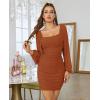 MEROKEETY Women Square Neck Lantern Long Sleeve Mesh Ruched Bodycon Clubwear Mini Dress(Caramel)