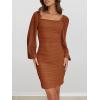 MEROKEETY Women Square Neck Lantern Long Sleeve Mesh Ruched Bodycon Clubwear Mini Dress(Caramel)