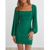 MEROKEETY Women Square Neck Lantern Long Sleeve Mesh Ruched Bodycon Clubwear Mini Dress(Darkgreen)