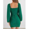 MEROKEETY Women Square Neck Lantern Long Sleeve Mesh Ruched Bodycon Clubwear Mini Dress(Darkgreen)